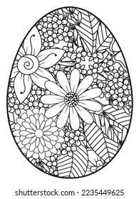 Página del libro de colorear el doodle vectorial para adultos y niños. Huevo de Pascua al estilo de página de color de flores. Patrón detallado de flores de contorno negro sobre fondo blanco