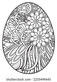 Vector doodle coloring book page or adult and kids . Easter egg in flower coloring page style. Detailed black contour flowers pattern on white background