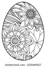 Vector doodle coloring book page or adult and kids . Easter egg in flower coloring page style. Detailed black contour flowers pattern on white background