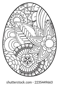 Vector doodle coloring book page or adult and kids . Easter egg in flower coloring page style. Detailed black contour flowers pattern on white background