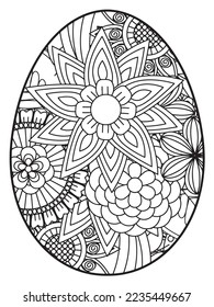 Vector doodle coloring book page or adult and kids . Easter egg in flower coloring page style. Detailed black contour flowers pattern on white background