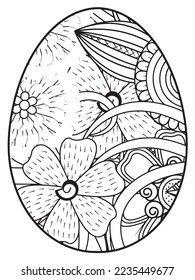 Vector doodle coloring book page or adult and kids . Easter egg in flower coloring page style. Detailed black contour flowers pattern on white background