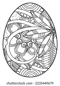 Vector doodle coloring book page or adult and kids . Easter egg in flower coloring page style. Detailed black contour flowers pattern on white background