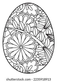 Vector doodle coloring book page or adult and kids . Easter egg in flower coloring page style. Detailed black contour flowers pattern on white background