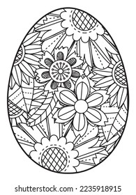 Vector doodle coloring book page or adult and kids . Easter egg in flower coloring page style. Detailed black contour flowers pattern on white background