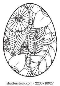 Vector doodle coloring book page or adult and kids . Easter egg in flower coloring page style. Detailed black contour flowers pattern on white background