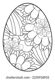 Vector doodle coloring book page or adult and kids . Easter egg in flower coloring page style. Detailed black contour flowers pattern on white background
