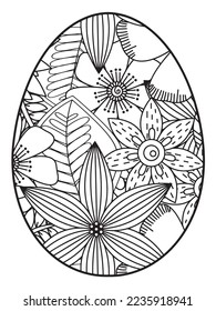 Vector doodle coloring book page or adult and kids . Easter egg in flower coloring page style. Detailed black contour flowers pattern on white background