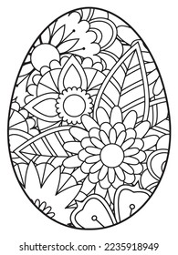 Vector doodle coloring book page or adult and kids . Easter egg in flower coloring page style. Detailed black contour flowers pattern on white background