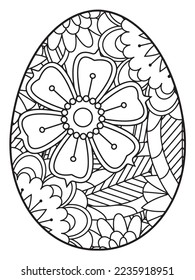 Vector doodle coloring book page or adult and kids . Easter egg in flower coloring page style. Detailed black contour flowers pattern on white background
