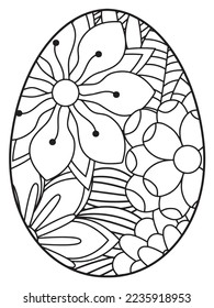 Página del libro de colorear el doodle vectorial para adultos y niños. Huevo de Pascua al estilo de página de color de flores. Patrón detallado de flores de contorno negro sobre fondo blanco