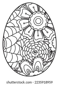 Vector doodle coloring book page or adult and kids . Easter egg in flower coloring page style. Detailed black contour flowers pattern on white background