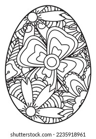 Vector doodle coloring book page or adult and kids . Easter egg in flower coloring page style. Detailed black contour flowers pattern on white background