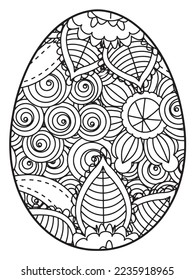 Página del libro de colorear el doodle vectorial para adultos y niños. Huevo de Pascua al estilo de página de color de flores. Patrón detallado de flores de contorno negro sobre fondo blanco