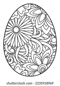 Vektordoodle Farbbuchseite oder Erwachsene und Kinder . Osterei im Blumenfarbstil. Detaillierte schwarze Kontur-Blumen-Muster auf weißem Hintergrund