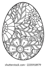 Página del libro de colorear el doodle vectorial para adultos y niños. Huevo de Pascua al estilo de página de color de flores. Patrón detallado de flores de contorno negro sobre fondo blanco