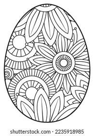 Vector doodle coloring book page or adult and kids . Easter egg in flower coloring page style. Detailed black contour flowers pattern on white background