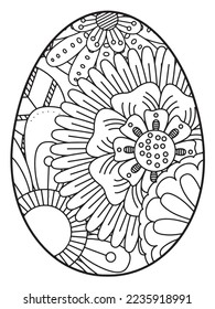 Vektordoodle Farbbuchseite oder Erwachsene und Kinder . Osterei im Blumenfarbstil. Detaillierte schwarze Kontur-Blumen-Muster auf weißem Hintergrund