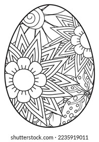 Vector doodle coloring book page or adult and kids . Easter egg in flower coloring page style. Detailed black contour flowers pattern on white background