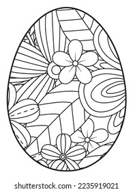 Vector doodle coloring book page or adult and kids . Easter egg in flower coloring page style. Detailed black contour flowers pattern on white background