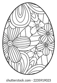 Vektordoodle Farbbuchseite oder Erwachsene und Kinder . Osterei im Blumenfarbstil. Detaillierte schwarze Kontur-Blumen-Muster auf weißem Hintergrund