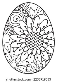 Vector doodle coloring book page or adult and kids . Easter egg in flower coloring page style. Detailed black contour flowers pattern on white background