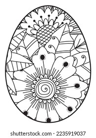 Vector doodle coloring book page or adult and kids . Easter egg in flower coloring page style. Detailed black contour flowers pattern on white background