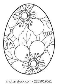 Vector doodle coloring book page or adult and kids . Easter egg in flower coloring page style. Detailed black contour flowers pattern on white background