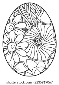 Vector doodle coloring book page or adult and kids . Easter egg in flower coloring page style. Detailed black contour flowers pattern on white background