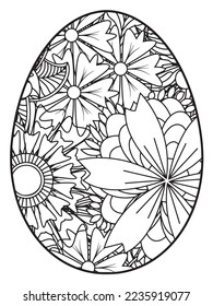 Página del libro de colorear el doodle vectorial para adultos y niños. Huevo de Pascua al estilo de página de color de flores. Patrón detallado de flores de contorno negro sobre fondo blanco