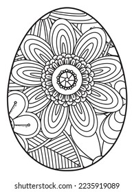 Página del libro de colorear el doodle vectorial para adultos y niños. Huevo de Pascua al estilo de página de color de flores. Patrón detallado de flores de contorno negro sobre fondo blanco