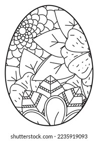 Vector doodle coloring book page or adult and kids . Easter egg in flower coloring page style. Detailed black contour flowers pattern on white background