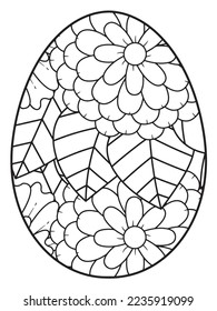 Vector doodle coloring book page or adult and kids . Easter egg in flower coloring page style. Detailed black contour flowers pattern on white background