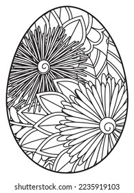 Vector doodle coloring book page or adult and kids . Easter egg in flower coloring page style. Detailed black contour flowers pattern on white background
