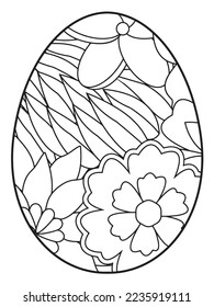 Página del libro de colorear el doodle vectorial para adultos y niños. Huevo de Pascua al estilo de página de color de flores. Patrón detallado de flores de contorno negro sobre fondo blanco