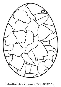 Página del libro de colorear el doodle vectorial para adultos y niños. Huevo de Pascua al estilo de página de color de flores. Patrón detallado de flores de contorno negro sobre fondo blanco