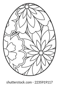 Vector doodle coloring book page or adult and kids . Easter egg in flower coloring page style. Detailed black contour flowers pattern on white background