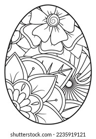 Página del libro de colorear el doodle vectorial para adultos y niños. Huevo de Pascua al estilo de página de color de flores. Patrón detallado de flores de contorno negro sobre fondo blanco