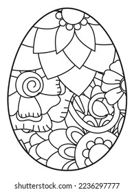 Vector doodle coloring book page or adult and kids . Easter egg in flower coloring page style. Detailed black contour flowers pattern on white background