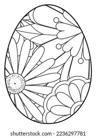 Página del libro de colorear el doodle vectorial para adultos y niños. Huevo de Pascua al estilo de página de color de flores. Patrón detallado de flores de contorno negro sobre fondo blanco