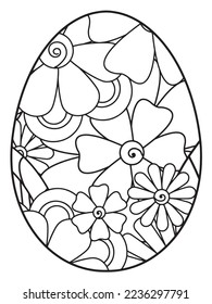 Vector doodle coloring book page or adult and kids . Easter egg in flower coloring page style. Detailed black contour flowers pattern on white background