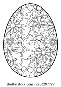 Vector doodle coloring book page or adult and kids . Easter egg in flower coloring page style. Detailed black contour flowers pattern on white background