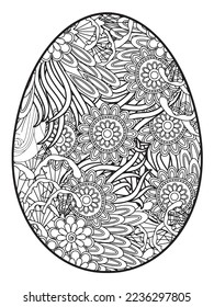 Vector doodle coloring book page or adult and kids . Easter egg in flower coloring page style. Detailed black contour flowers pattern on white background
