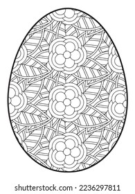 Vector doodle coloring book page or adult and kids . Easter egg in flower coloring page style. Detailed black contour flowers pattern on white background