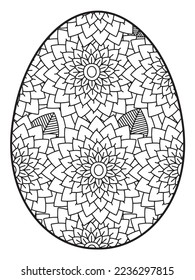 Vector doodle coloring book page or adult and kids . Easter egg in flower coloring page style. Detailed black contour flowers pattern on white background