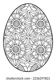 Vector doodle coloring book page or adult and kids . Easter egg in flower coloring page style. Detailed black contour flowers pattern on white background