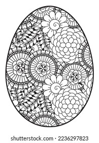 Página del libro de colorear el doodle vectorial para adultos y niños. Huevo de Pascua al estilo de página de color de flores. Patrón detallado de flores de contorno negro sobre fondo blanco