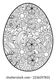 Vektordoodle Farbbuchseite oder Erwachsene und Kinder . Osterei im Blumenfarbstil. Detaillierte schwarze Kontur-Blumen-Muster auf weißem Hintergrund