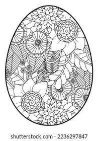 Vector doodle coloring book page or adult and kids . Easter egg in flower coloring page style. Detailed black contour flowers pattern on white background