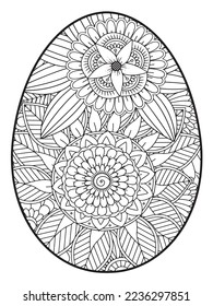 Vektordoodle Farbbuchseite oder Erwachsene und Kinder . Osterei im Blumenfarbstil. Detaillierte schwarze Kontur-Blumen-Muster auf weißem Hintergrund